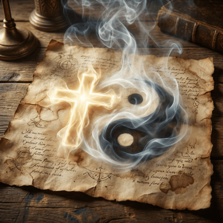 A glowing cross and a smoky Yin Yang symbol on aged parchment.