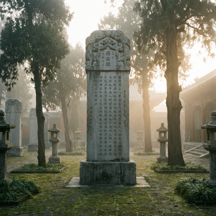 Stone stele with Chinese characters "西安社" standing in a misty, tree-filled garden.